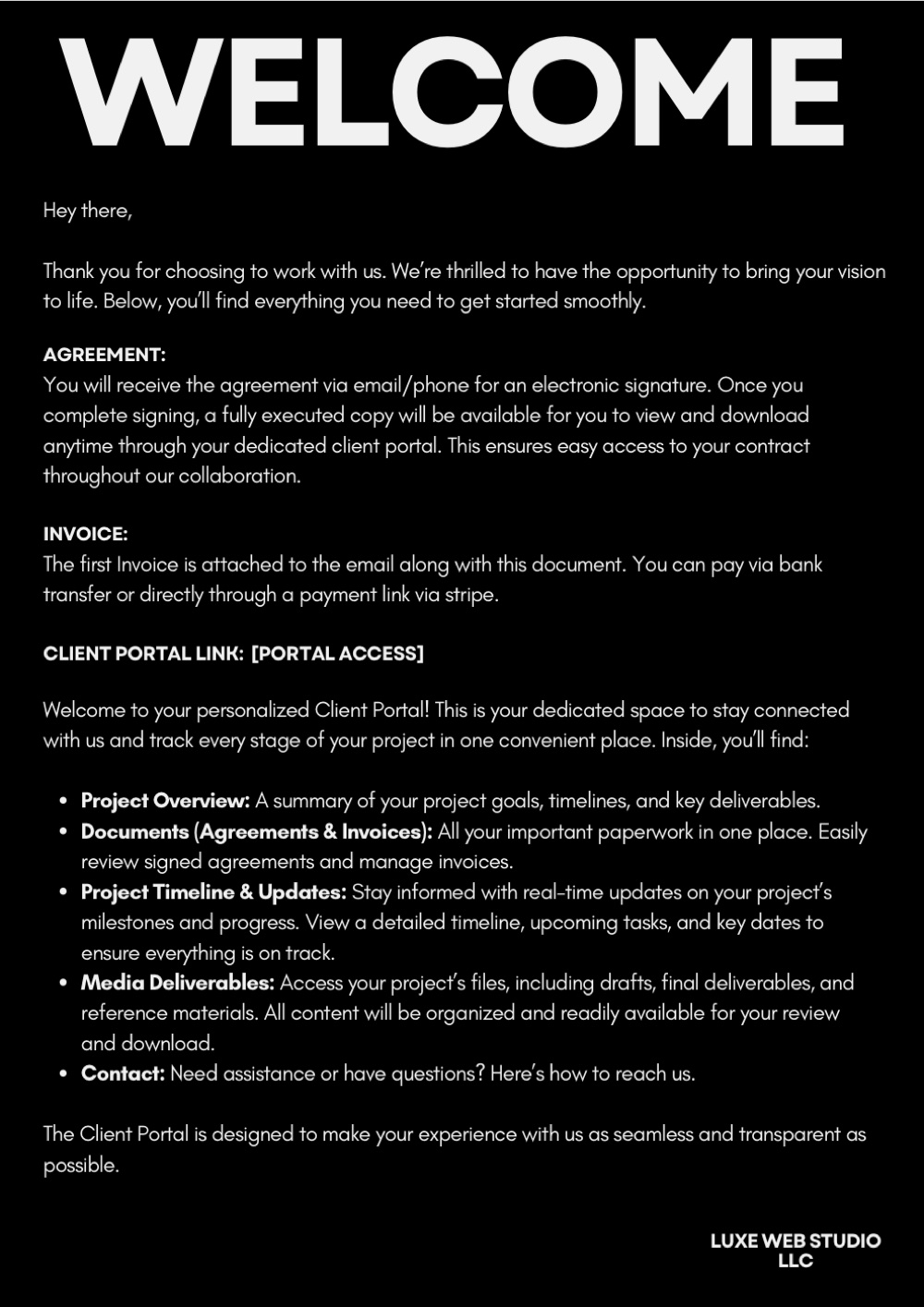 First page of the Luxe Web Studio welcome document and agreement